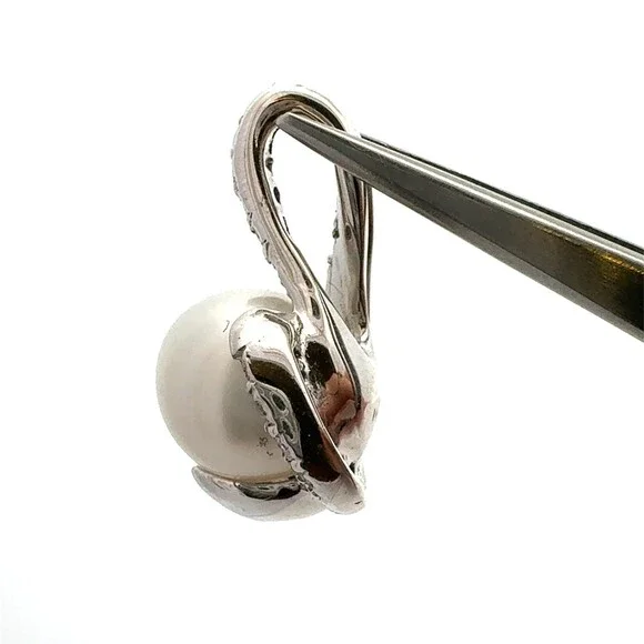 Estate 14k White Gold 10mm Pearl Pave Diamond Accented Statement Pendant